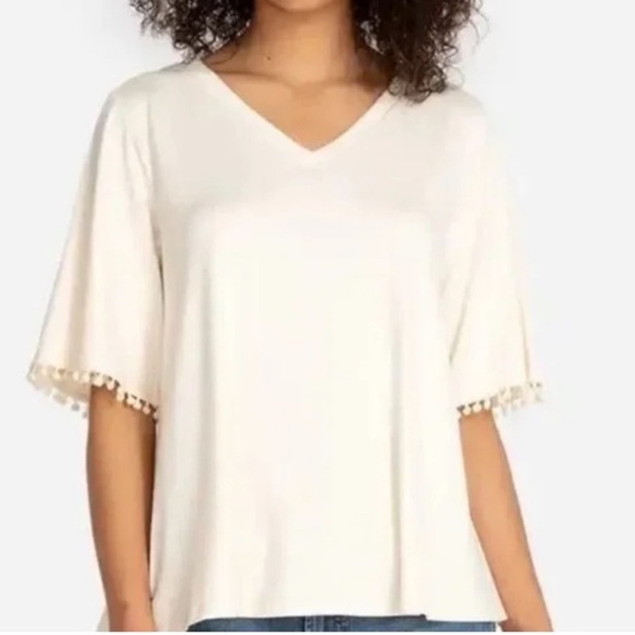 JOHNNY WAS Calme Elbow Pom Pom V-Neck Tee - Picture 1 of 15